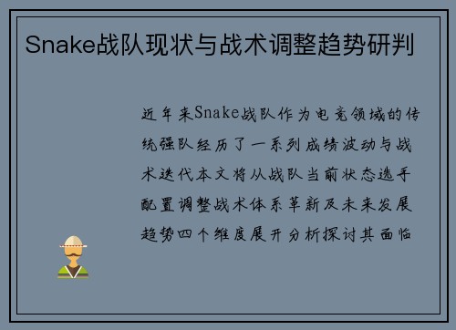 Snake战队现状与战术调整趋势研判