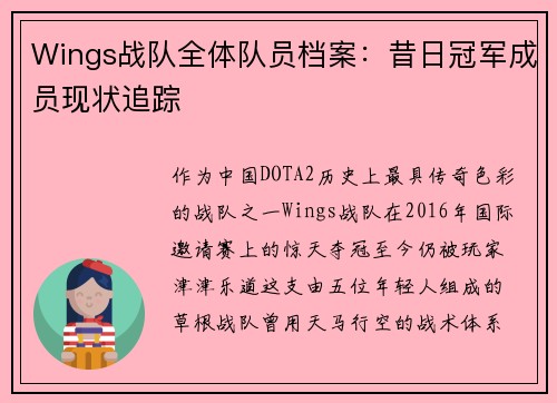 Wings战队全体队员档案：昔日冠军成员现状追踪