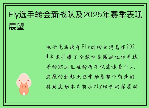 Fly选手转会新战队及2025年赛季表现展望