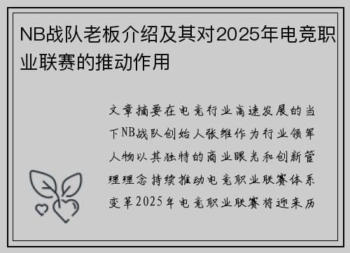 NB战队老板介绍及其对2025年电竞职业联赛的推动作用