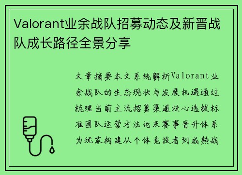 Valorant业余战队招募动态及新晋战队成长路径全景分享